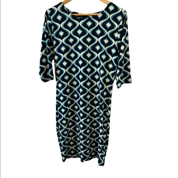 SMASHED LEMON Blue Geo Print Long Sleeve Boat Neck Knee Length Dress 8 - Picture 1 of 9